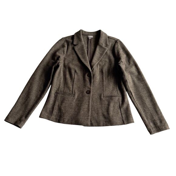 J Jill Wool Blend Jersey Houndstooth Brown Tan Two Button Blazer Jacket M - Picture 1 of 9